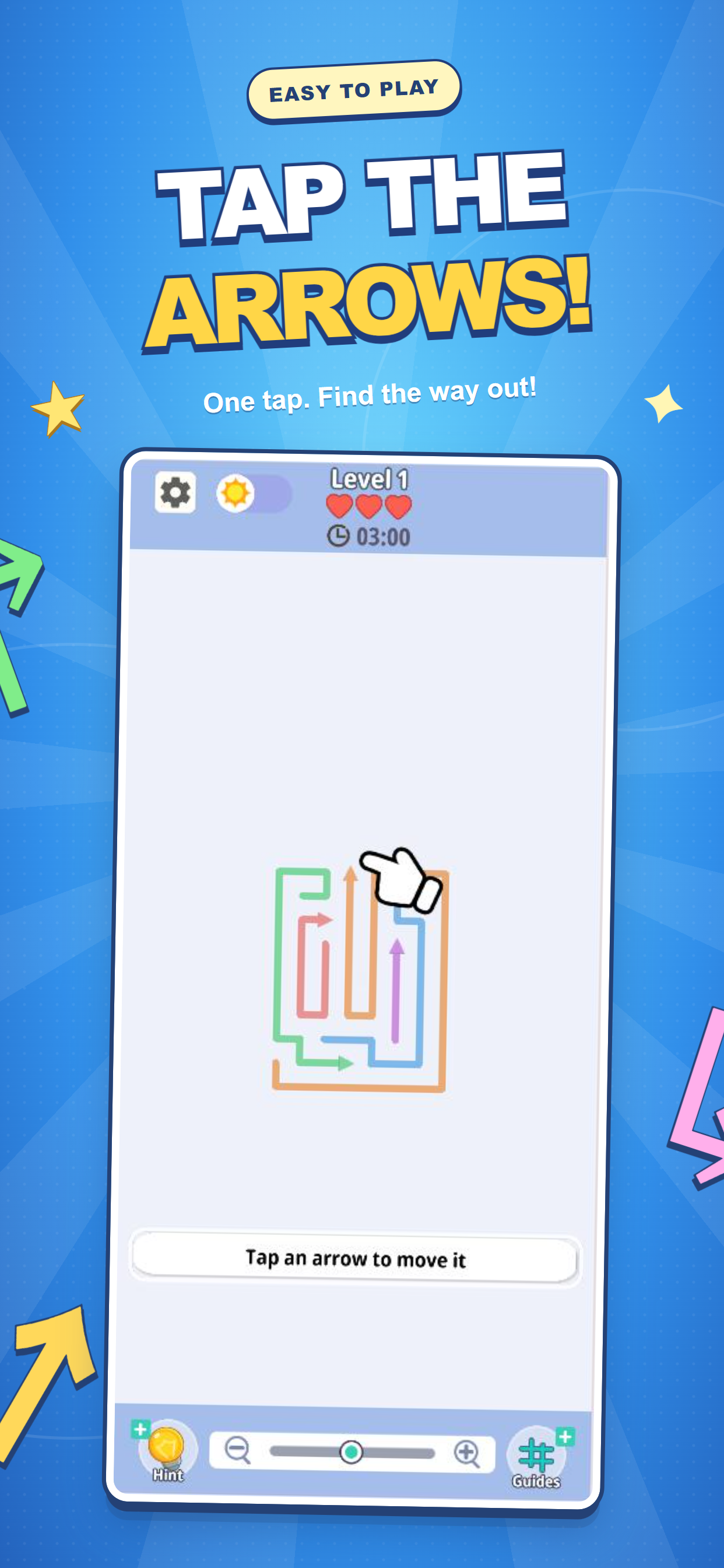 Aim GO! tutorial: tap a colorful arrow with a clear path to move it off the board.