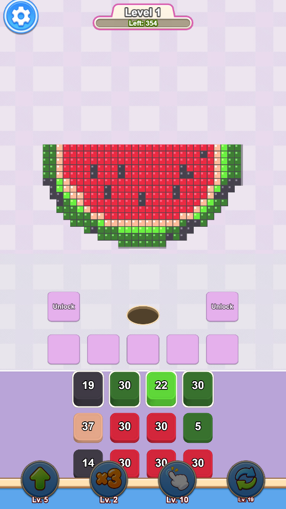 Ant Assault! level showing ants clearing a watermelon pixel picture.