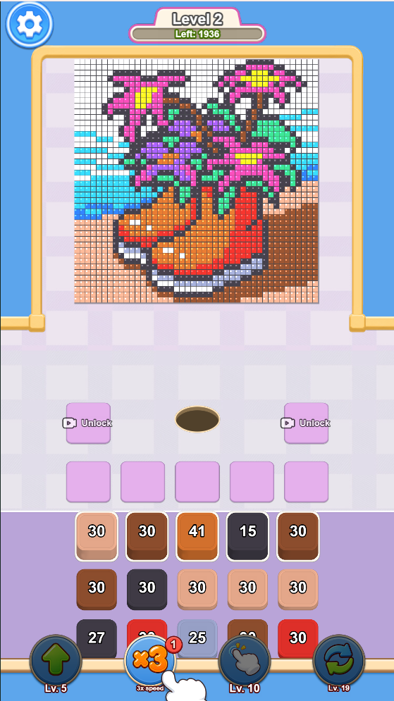 Detailed pixel art puzzle with colorful blocks and limited holding slots
