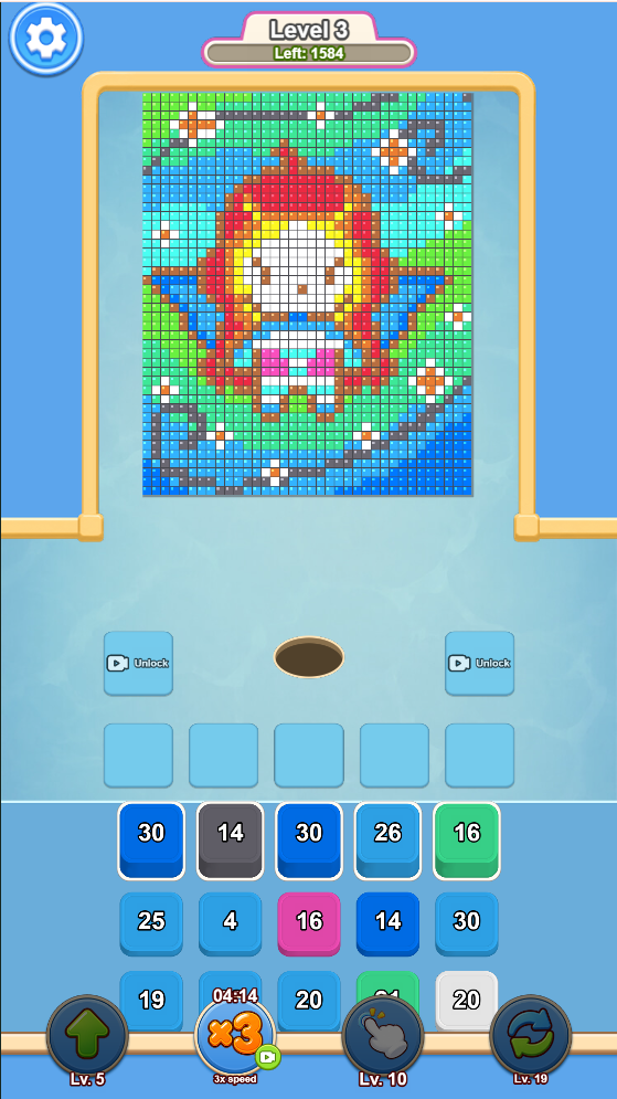 Pixel puzzle showing a colorful character picture being revealed